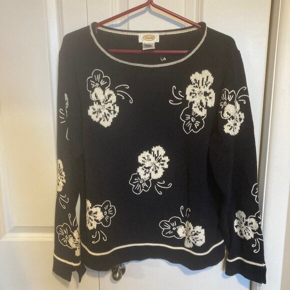 Talbots 100% Cotton Sweater White Knit Flowers, Size XL - Picture 1 of 5